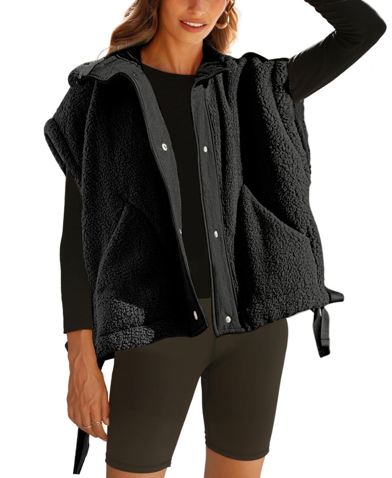 OPCAKM Women's Fuzzy Fleece Vest Oversized Sleeveless Sherpa Jacket Warm Button Down Gilet Outerwear with Pockets(Black-M) - Image 1