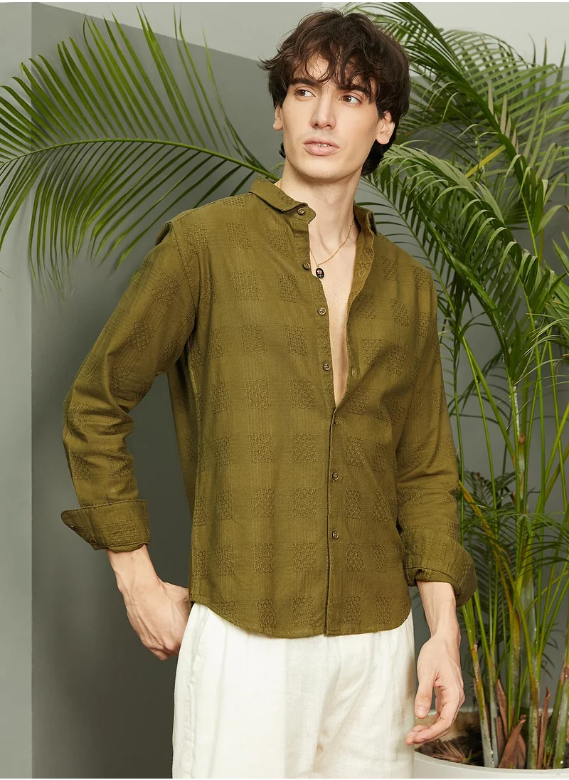 Campus Sutra Men's Khaki Green Hive-Checkered Shirt
