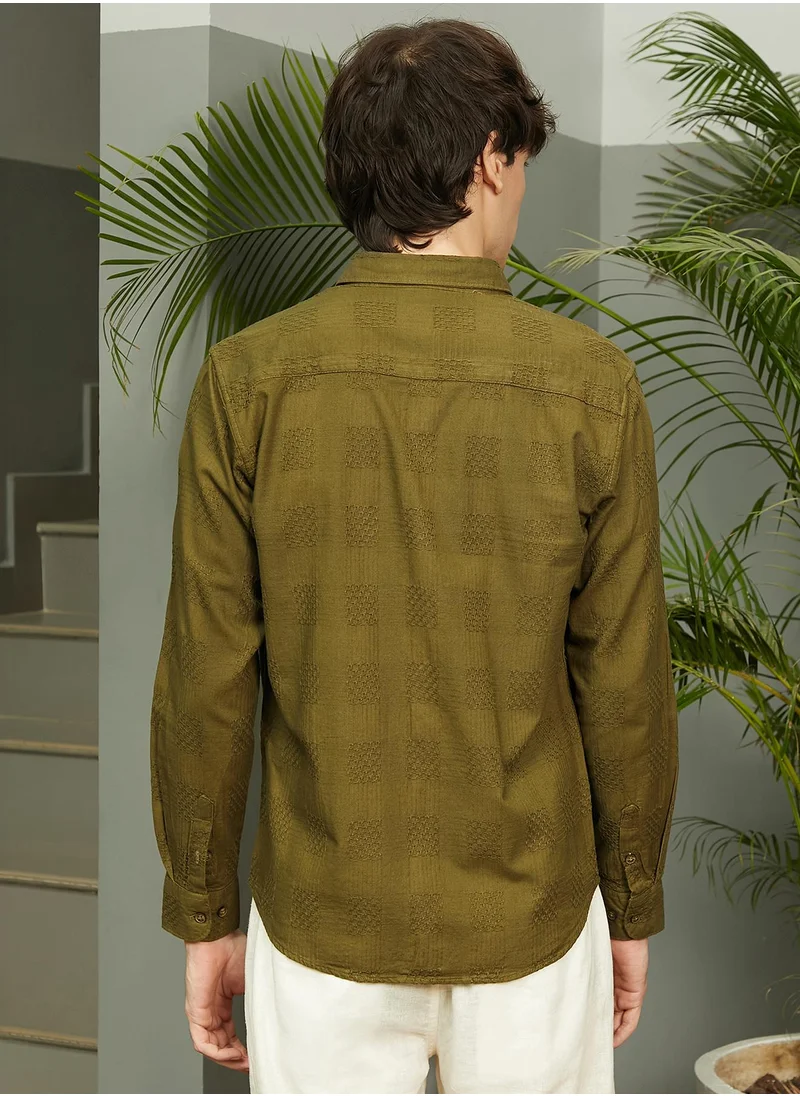 Campus Sutra Men's Khaki Green Hive-Checkered Shirt