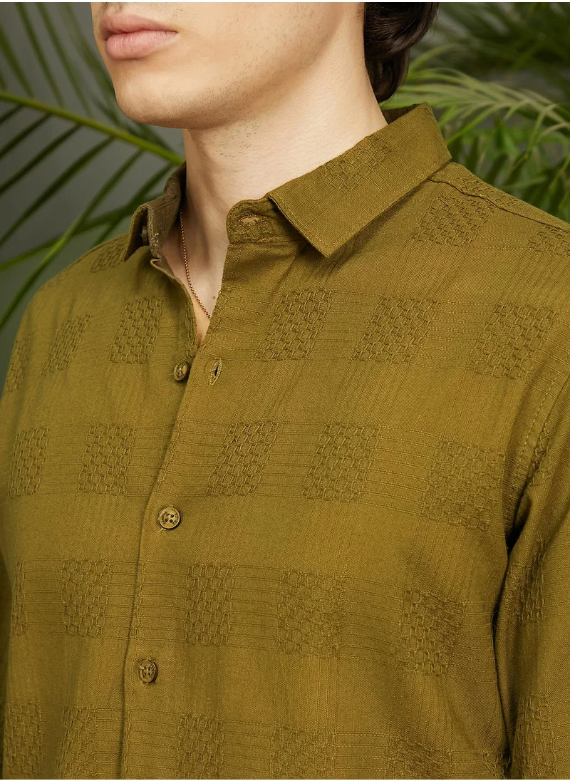 Campus Sutra Men's Khaki Green Hive-Checkered Shirt