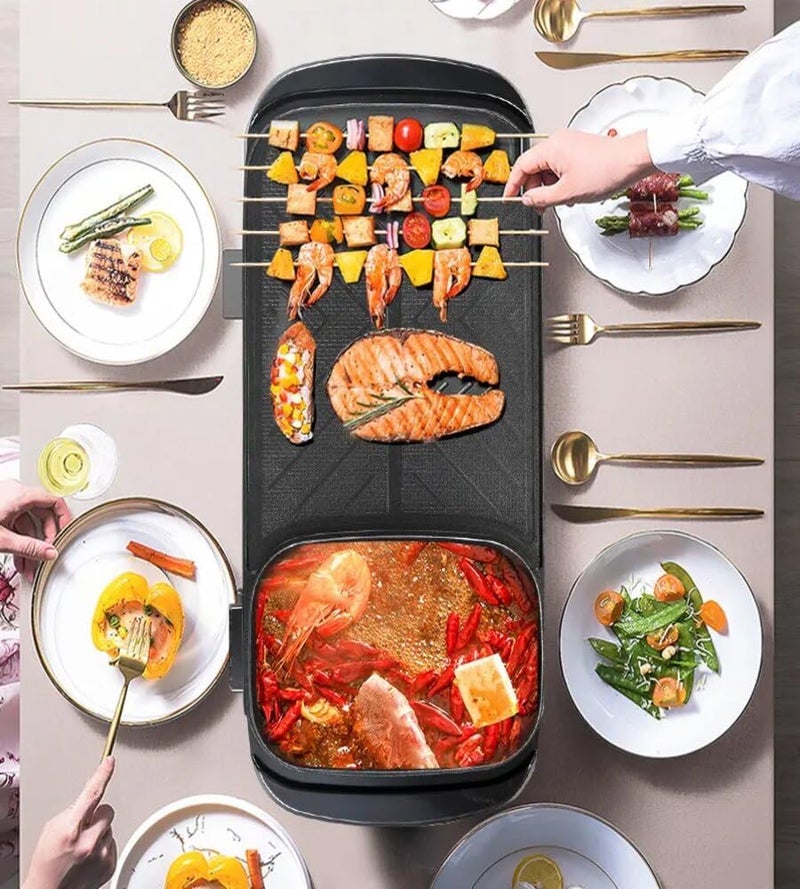 المتحدة قدر كهربائي وشواء 2 في 1 - مقلاة شواء غير لاصقة عديمة الدخان بقوة 1500 واط مع غطاء زجاجي وفاصل، شواء كوري وشابو شابو لـ 2-4 أشخاص، درجة حرارة قابلة للتعديل (48 سم أسود) - Image 1