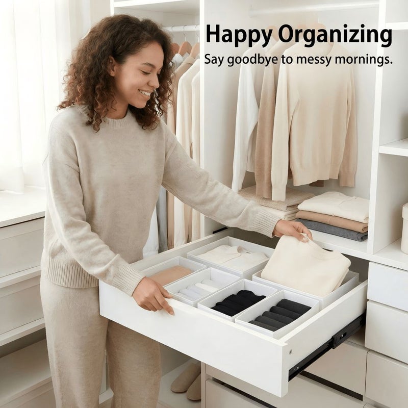Set Of 6 White Fabric Drawer Organizers 2 Large And 4 Medium Dividers For Underwear Storage Box For Panties Long Socks And Leggings Suitable For Wardrobe Or Dressing Table - Image 1