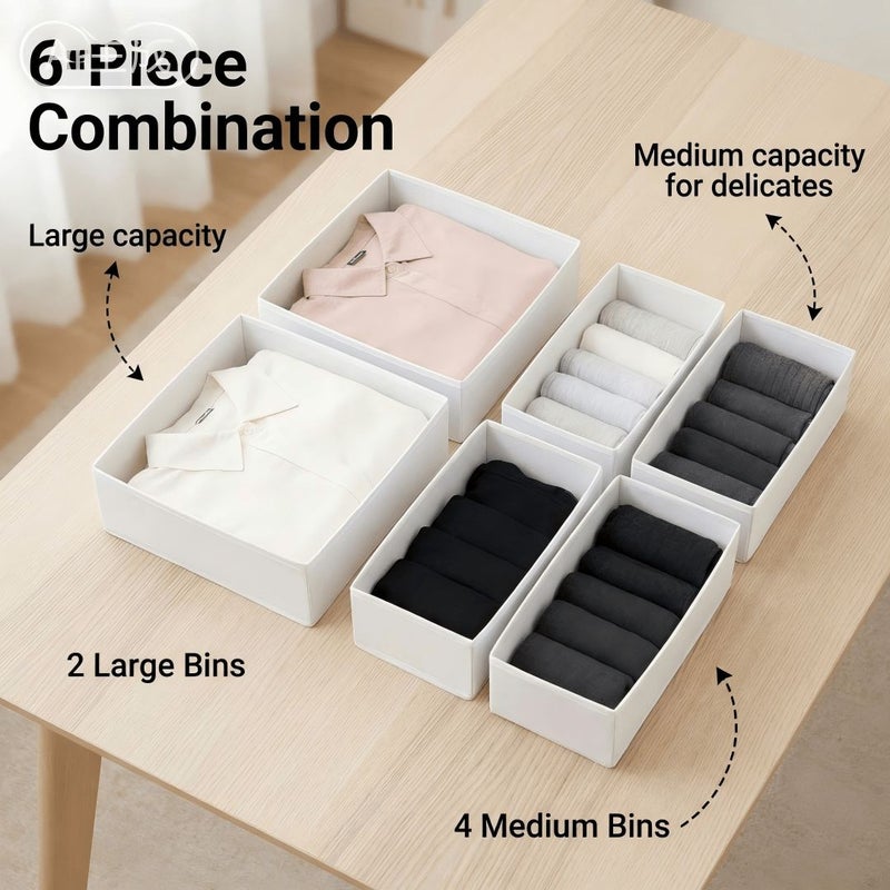 Set Of 6 White Fabric Drawer Organizers 2 Large And 4 Medium Dividers For Underwear Storage Box For Panties Long Socks And Leggings Suitable For Wardrobe Or Dressing Table - Image 2