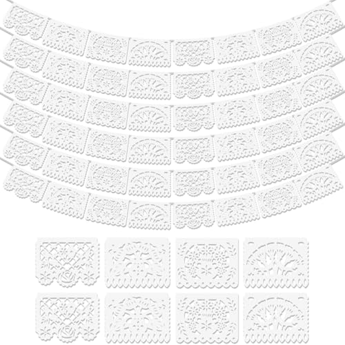 Asoulin 6 Pack White Papel Picado Banner, 90Ft Plastic Mexican Party Wedding Decoration, Papel Picado Dia De Los Muertos, Cinco De Mayo, Day of The Dead Decorations, Fiesta Party Decorations Banners Supplies - Image 1
