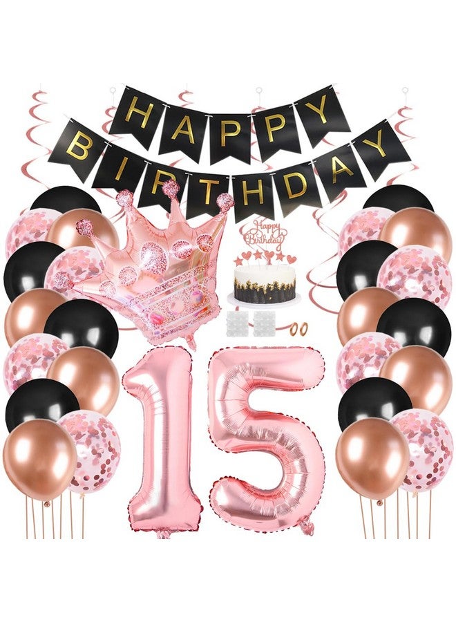 Juland 15Th Birthday Party Decorations Black Gold Rose Happy Birthday Banner Latex Balloon Confetti Balloon Pink Crown 15 Number Foil Balloon Hanging Swirl With Cake Topper For Boy Girl Men Women - Image 1