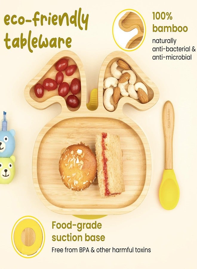 StarKiddo® Bamboo Bunny Suction Plate with Feeding Spoon | 3 Sections | Non-Toxic | Super Strong Suction Cup| Eco-Friendly | Ideal for Baby-Led Weaning & Toddler Self-Feeding | BPA Free (Yellow) - Image 3