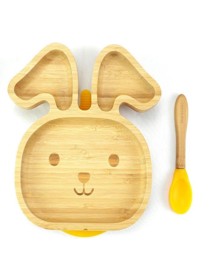 StarKiddo® Bamboo Bunny Suction Plate with Feeding Spoon | 3 Sections | Non-Toxic | Super Strong Suction Cup| Eco-Friendly | Ideal for Baby-Led Weaning & Toddler Self-Feeding | BPA Free (Yellow) - Image 1