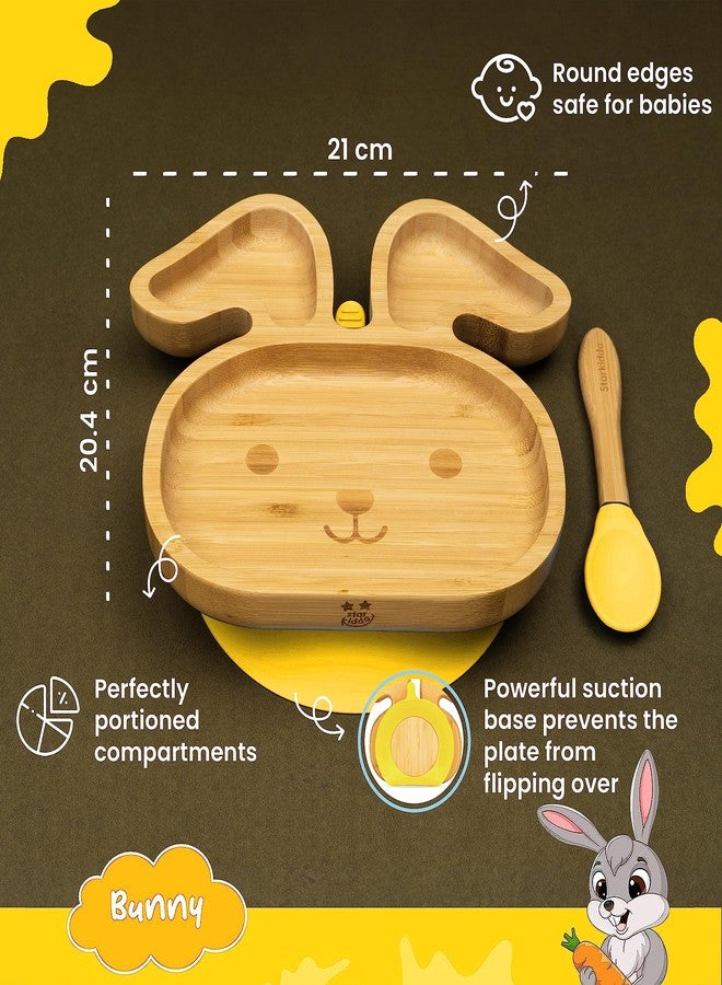StarKiddo® Bamboo Bunny Suction Plate with Feeding Spoon | 3 Sections | Non-Toxic | Super Strong Suction Cup| Eco-Friendly | Ideal for Baby-Led Weaning & Toddler Self-Feeding | BPA Free (Yellow) - Image 2