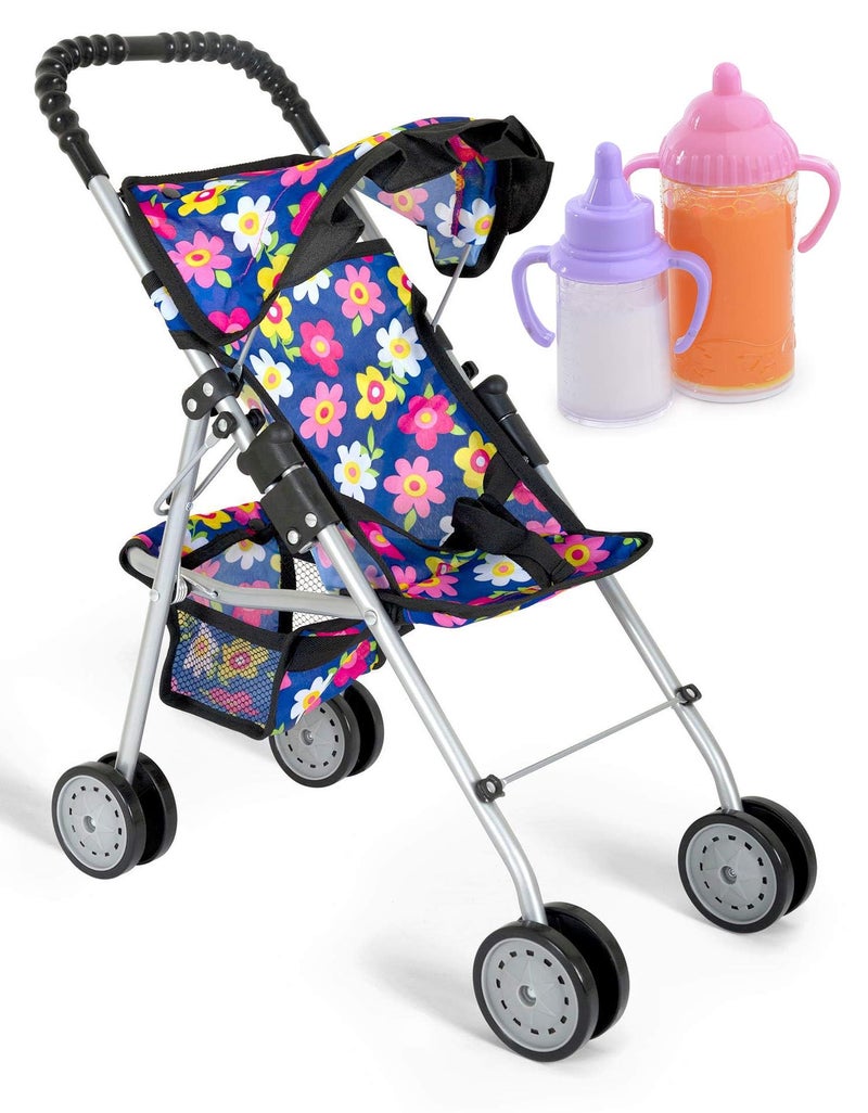 fash n kolor Doll Stroller My First Baby Doll Strollers Toy Flower Design with Basket in The Bottom Doll Accessories 2 Free Magic Bottles Included Flower Design