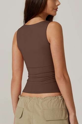 QINSEN Womens Tank Top Sleeveless Square Neck Casual Basic Fitted T- Shirts Brown S - Image 4