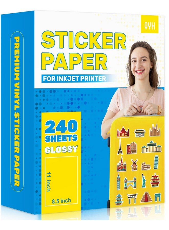 QYH Sticker Paper Printable Vinyl For Inkjet Printer - 240 Sheets White Glossy Sticker Papers 8.5X11 In Label Stickers For Cricut/Silhouette Waterproof Dries Quickly & Tear Resistant Easy To Cut - Image 1
