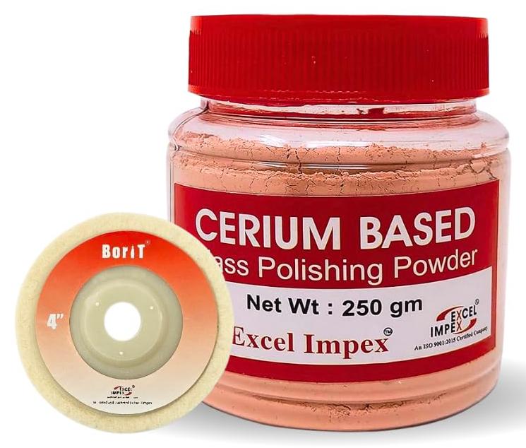 EXCEL IMPEX Cerium Oxide Glass Polishing Powder for Glass & Mirrror Polishing, Minnor Scratch Removing, Cerium Oxide powder250gm with Wool Polishing felt Wheel 4" Dia, Thickness 16 mm. - Image 1