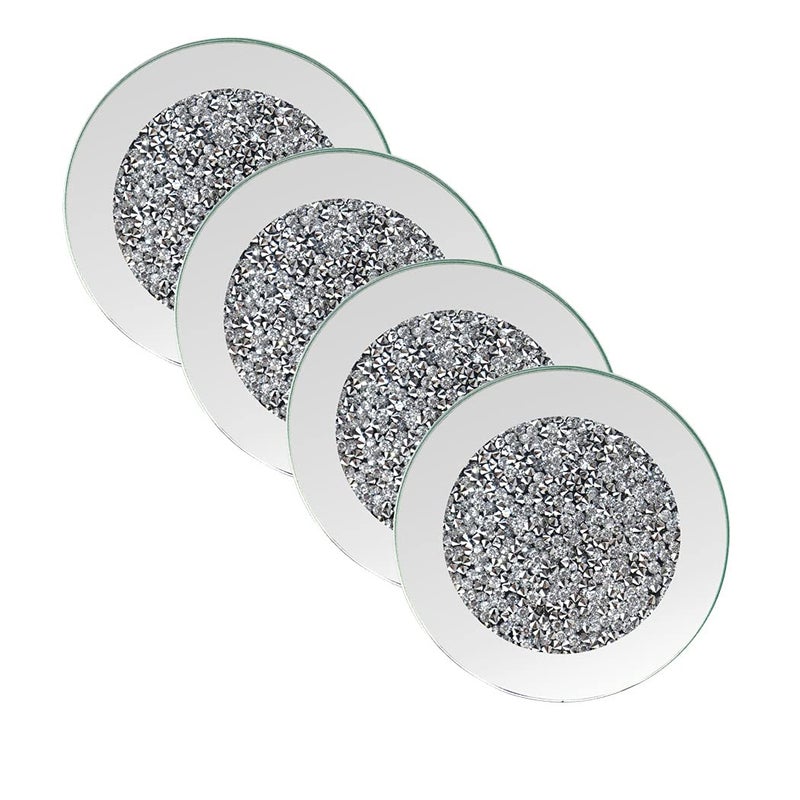 GIMORRTO Glass Mirrored Coaster 4 PC, Crushed Diamond Round 4" Cup Mat Decor on Tabletop for Bar Tools Dining Table - Image 4