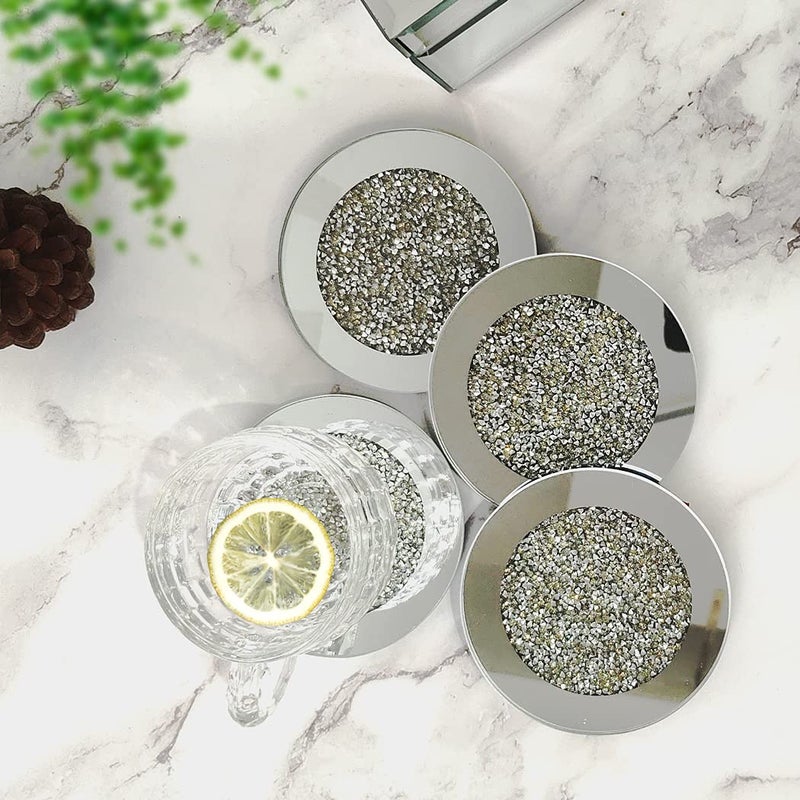 GIMORRTO Glass Mirrored Coaster 4 PC, Crushed Diamond Round 4" Cup Mat Decor on Tabletop for Bar Tools Dining Table - Image 2