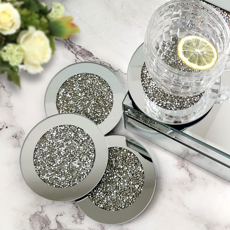 GIMORRTO Glass Mirrored Coaster 4 PC, Crushed Diamond Round 4" Cup Mat Decor on Tabletop for Bar Tools Dining Table - Image 3