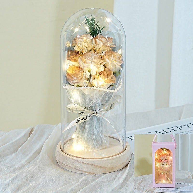 Preserved Rose Flower Gift Box with Wooden Base - 7 Roses Bouquet for Teacher's Day, Birthday & Special Occasions