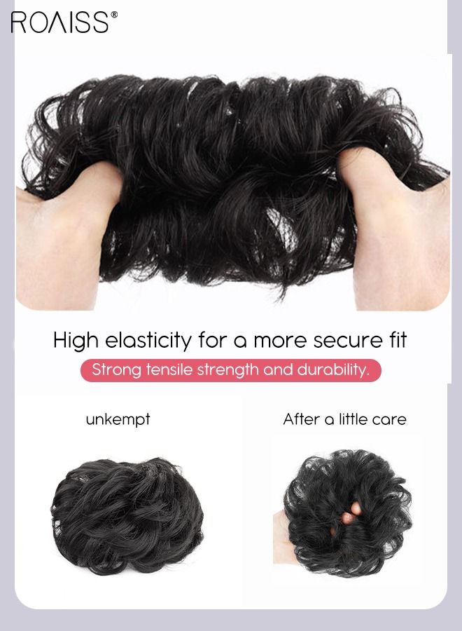 roaiss Curly Human Hair Bun Real Updo Hairpieces Stretchy Scrunchies Elegant Chignon with Elastic Rubber Band Hair Accessory for Women 1PC Natural Black - Image 3