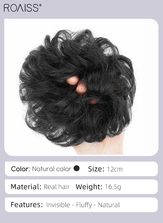 roaiss Curly Human Hair Bun Real Updo Hairpieces Stretchy Scrunchies Elegant Chignon with Elastic Rubber Band Hair Accessory for Women 1PC Natural Black - Image 4