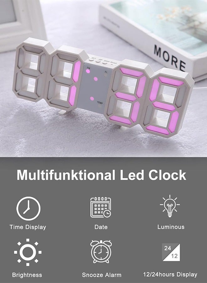 DUNISO ساعة منبه رقمية LED ثلاثية الأبعاد للحائط والطاولة ، ساعة منبه حديثة متعددة الوظائف ، عرض الوقت بدرجة سطوع قابلة للتعديل أوتوماتيكياً ودرجة حرارة (أبيض / وردي)  - Image 5