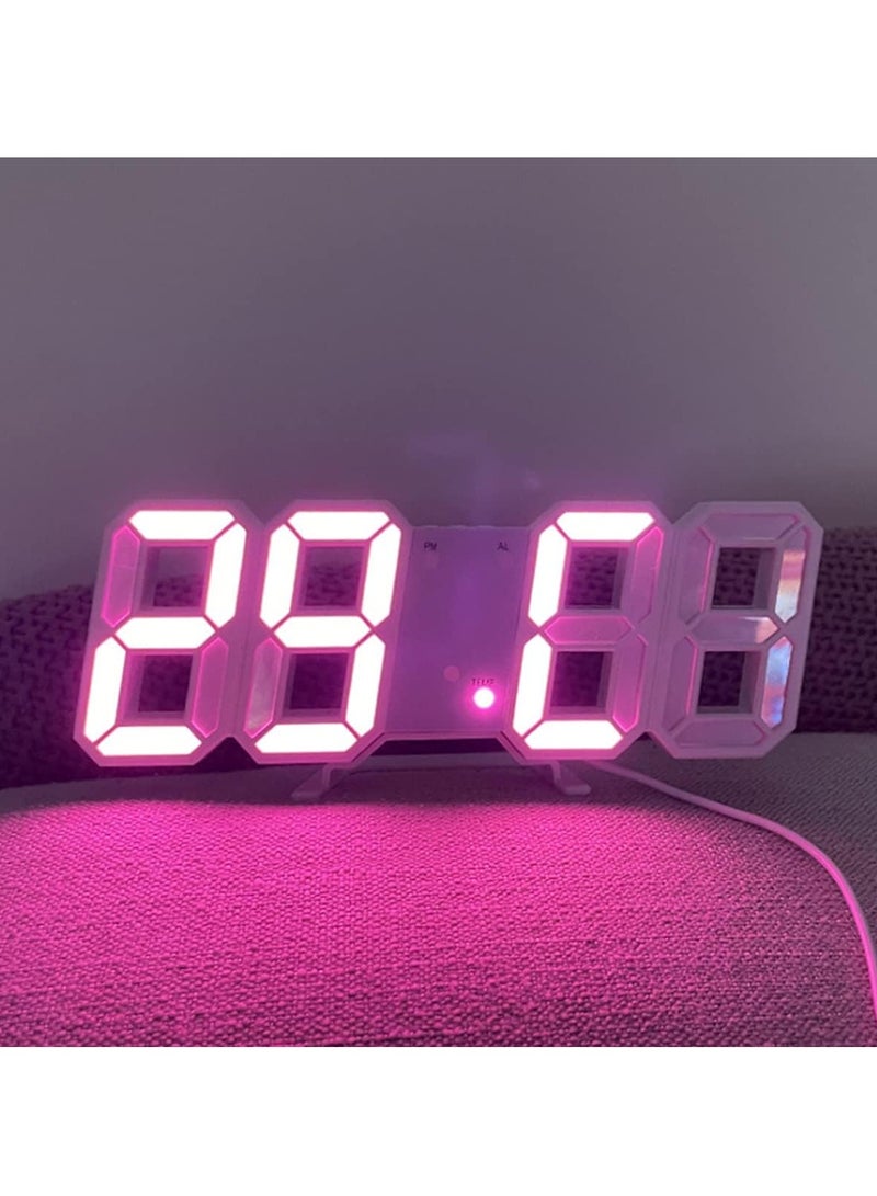 DUNISO ساعة منبه رقمية LED ثلاثية الأبعاد للحائط والطاولة ، ساعة منبه حديثة متعددة الوظائف ، عرض الوقت بدرجة سطوع قابلة للتعديل أوتوماتيكياً ودرجة حرارة (أبيض / وردي)  - Image 2
