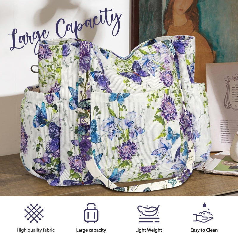 Hatisan Corduroy Tote Bag for Women, Large Capacity Cute Tote Bags With 6 Pockets, Laptop Tote Bag Crossbody Shoulder Handbag Teacher Nurse Bags for Work Travel Gym(Purple Butterfly) - Image 4