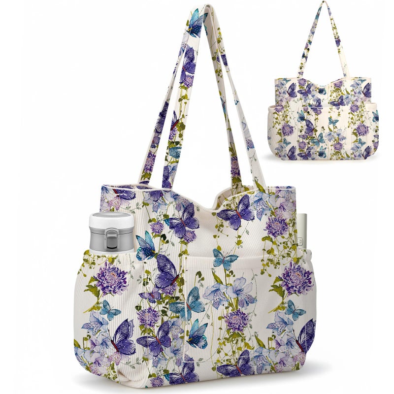 Hatisan Corduroy Tote Bag for Women, Large Capacity Cute Tote Bags With 6 Pockets, Laptop Tote Bag Crossbody Shoulder Handbag Teacher Nurse Bags for Work Travel Gym(Purple Butterfly) - Image 1