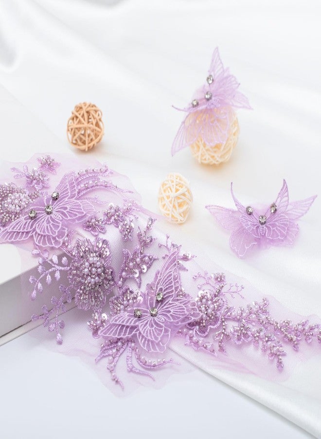 FixrWre Butterfly Fabric Rhinestones Beaded Lace Applique,3D Embroidered Lace Fabric Patch for Clothes，Dress(Purple) - Image 3