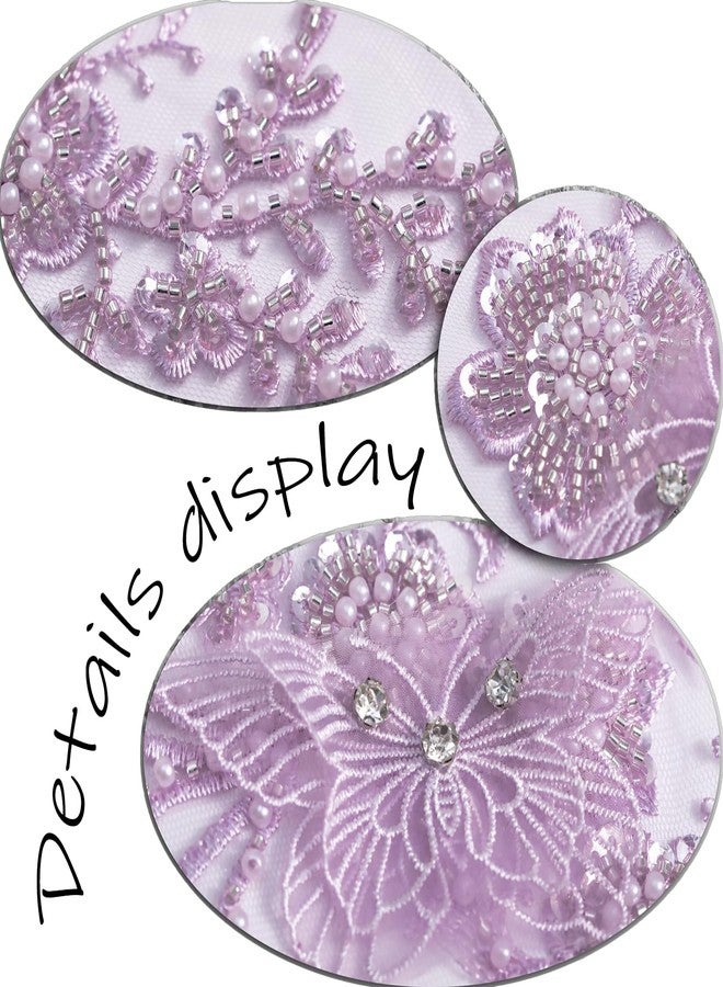 FixrWre Butterfly Fabric Rhinestones Beaded Lace Applique,3D Embroidered Lace Fabric Patch for Clothes，Dress(Purple) - Image 4