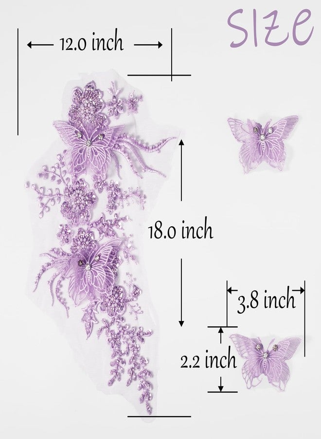 FixrWre Butterfly Fabric Rhinestones Beaded Lace Applique,3D Embroidered Lace Fabric Patch for Clothes，Dress(Purple) - Image 2
