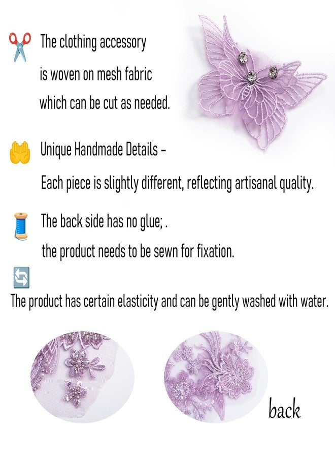 FixrWre Butterfly Fabric Rhinestones Beaded Lace Applique,3D Embroidered Lace Fabric Patch for Clothes，Dress(Purple) - Image 5