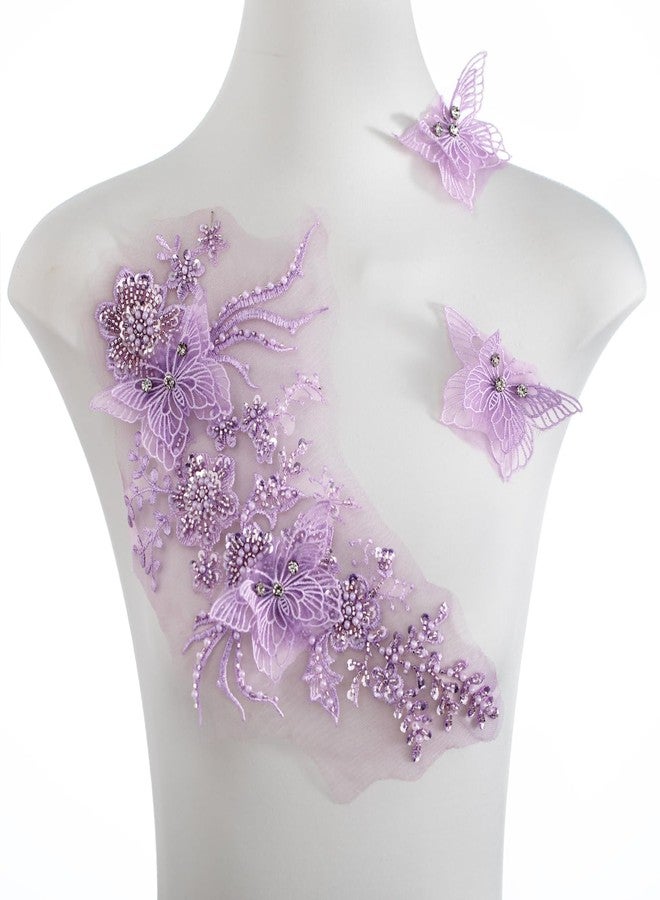 FixrWre Butterfly Fabric Rhinestones Beaded Lace Applique,3D Embroidered Lace Fabric Patch for Clothes，Dress(Purple) - Image 1