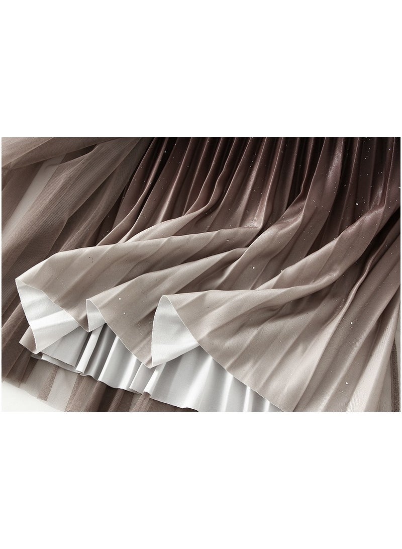 Loquat Women's Star Sky Gradual Yarn Skirt 100 Pleated Long Dress Brown  - Image 3