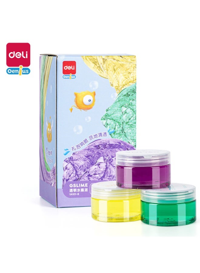 Deli Crystal Slime Set for Kids, 3 Jars 100g Each, Transparent Stretchy Slime Toy in 3 Colors for Sensory Play, DIY Art and Creative Fun - Image 1