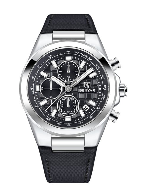 Men's Quartz Watches BY5206 Leather Sports Chronograph Wrist Watch for Men Auto Date Daily Waterproof , Silver Black