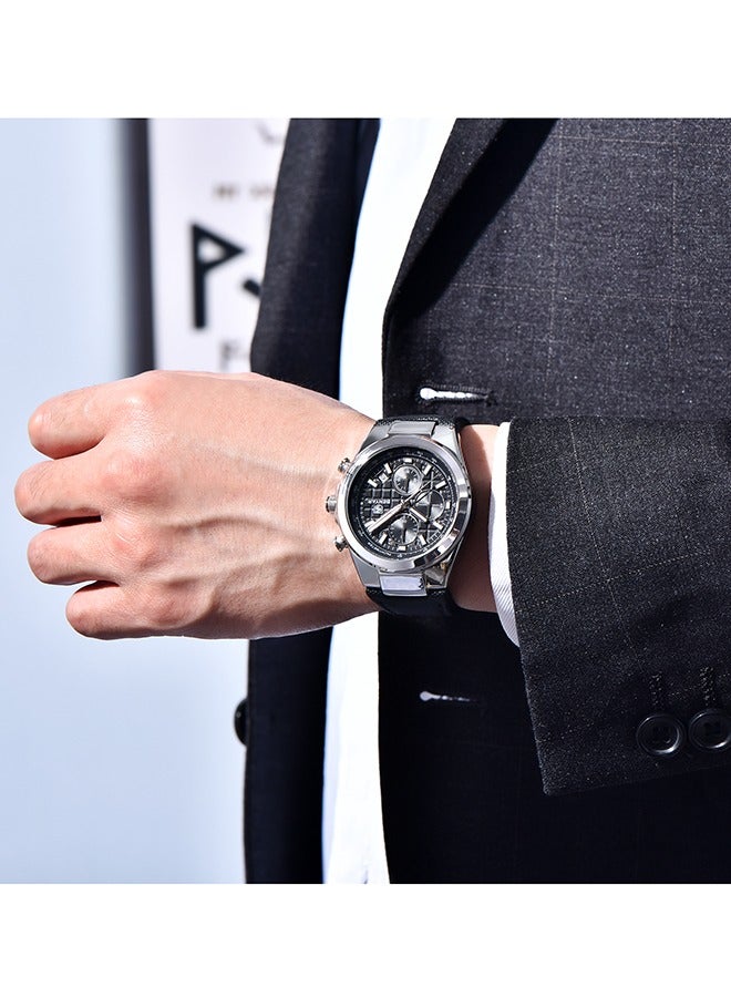 بينيار ساعات كوارتز رجالية من 5206 ساعة يد كرونوغراف رياضية جلدية للرجال تاريخ تلقائي يومي مقاوم للماء ، فضي أسود - Image 2