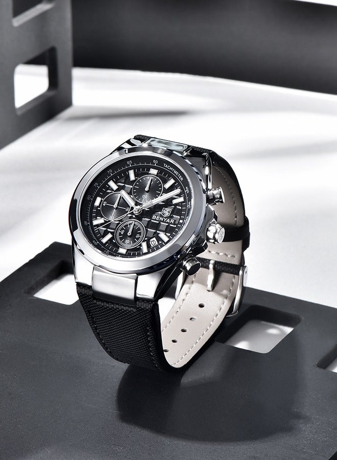 بينيار ساعات كوارتز رجالية من 5206 ساعة يد كرونوغراف رياضية جلدية للرجال تاريخ تلقائي يومي مقاوم للماء ، فضي أسود - Image 4