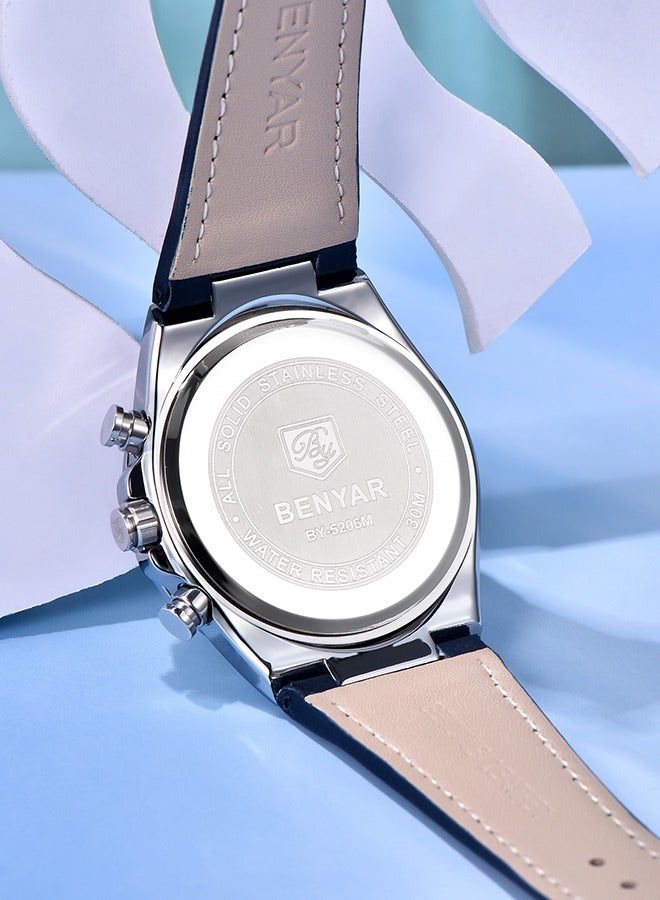 بينيار ساعات كوارتز رجالية من 5206 ساعة يد كرونوغراف رياضية جلدية للرجال تاريخ تلقائي يومي مقاوم للماء ، فضي أسود - Image 5