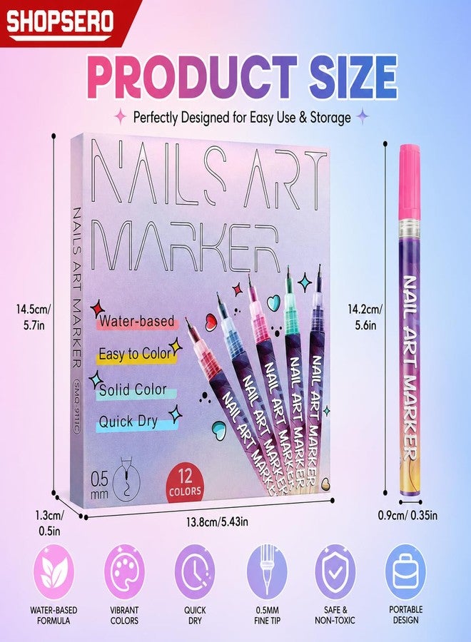 Shopsero Nail Art Marker Pens Set of 12 Colors | 0.5mm Fine Tip Nail Art Pens | Acrylic Paint Pens for Nail Design | Quick Dry Nail Drawing Pens for Lines, Dots, DIY Nail Art Kit - Image 2