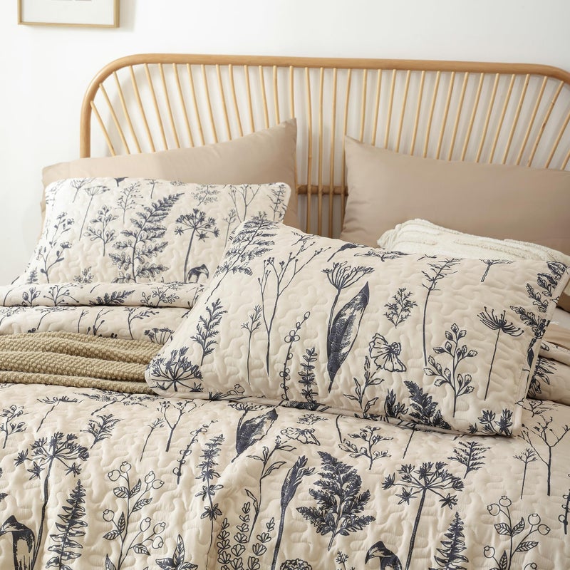 JANZAA Quilts Queen Size Beige Quilt Botanical with Floral Pattern Microfiber Bedspreads Queen Size 3 Pieces Lightweight Comforter Reversible Bedding Set, 1 Quilt 90x90 inches, 2 Pillowcases - Image 3