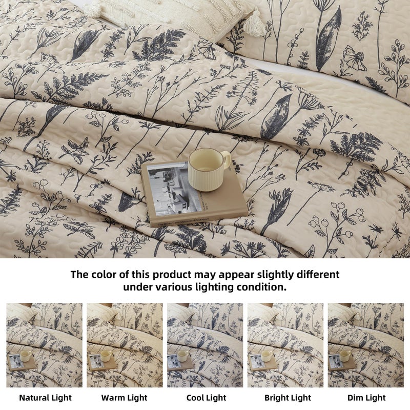 JANZAA Quilts Queen Size Beige Quilt Botanical with Floral Pattern Microfiber Bedspreads Queen Size 3 Pieces Lightweight Comforter Reversible Bedding Set, 1 Quilt 90x90 inches, 2 Pillowcases - Image 4