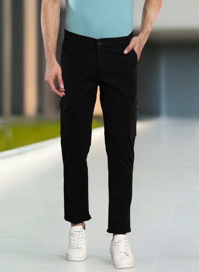 Dennis Lingo Men's Black Tapered Fit Cotton Trousers - Solid Pattern, Mid-Rise, Full-Length  - Image 1