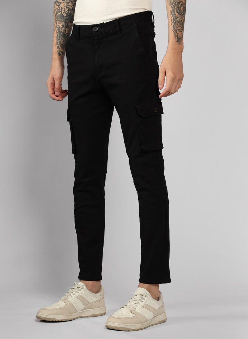 Dennis Lingo Men's Black Tapered Fit Cotton Trousers - Solid Pattern, Mid-Rise, Full-Length  - Image 2