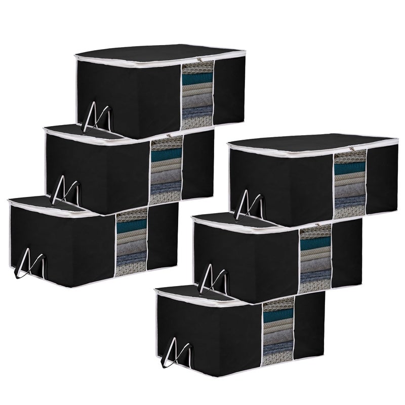 Kuber Industries Underbed Storage Bag Clothes Storage Bag Blanket Cover with Clear Window Zipper Closure Handle Cloth Organizer Plain White Border Large Pack of 6 Black - Image 1