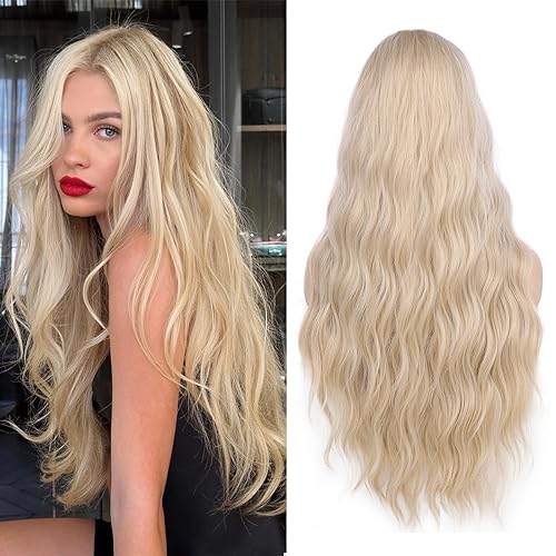 Lady Miranda Long Platinum Blonde Wig 28 Inch Natural Wavy Blonde Wig Middle Part Blonde Lace Wig Synthetic Hair Blonde Wigs for White Women - Image 1