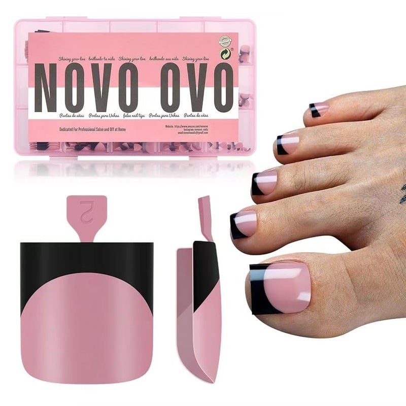 NOVO OVO Halloween Black French Tip Toe Nail Tips Press on BERRY PINK Sharp Square PreDesigned Soft Gel False Toenail Extension Medium Fake Toenails Full Cover Acrylic for DIY 15 Sizes 240 pcs - Image 2