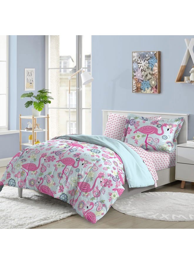 dream FACTORY Kids 5-Piece Complete Set Easy-Wash Super Soft Microfiber Comforter Bedding, Twin, Pink Flamingo - Image 2