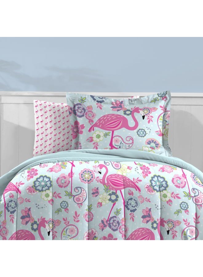 dream FACTORY Kids 5-Piece Complete Set Easy-Wash Super Soft Microfiber Comforter Bedding, Twin, Pink Flamingo - Image 4