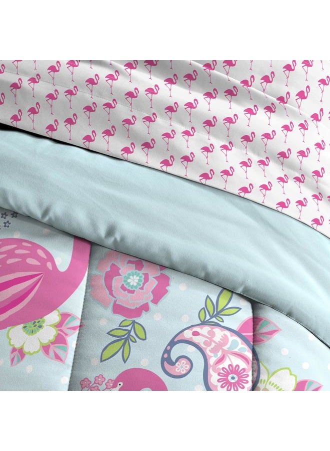 dream FACTORY Kids 5-Piece Complete Set Easy-Wash Super Soft Microfiber Comforter Bedding, Twin, Pink Flamingo - Image 3