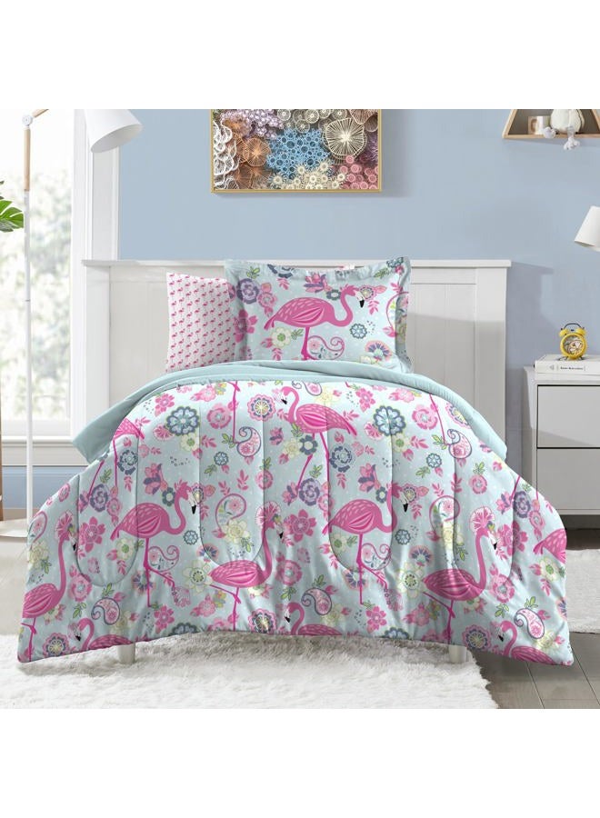 dream FACTORY Kids 5-Piece Complete Set Easy-Wash Super Soft Microfiber Comforter Bedding, Twin, Pink Flamingo - Image 1