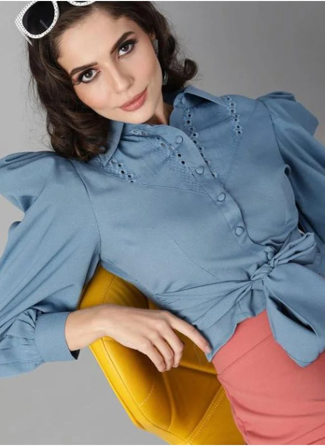 كاجوالي Broderie Panel Crop Shirt with Waist Tie-Up Detail by Styli
